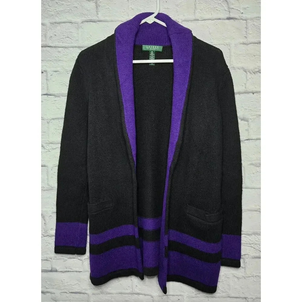 Lauren Ralph Lauren black & purple wool blend cardigan sweater size PS.